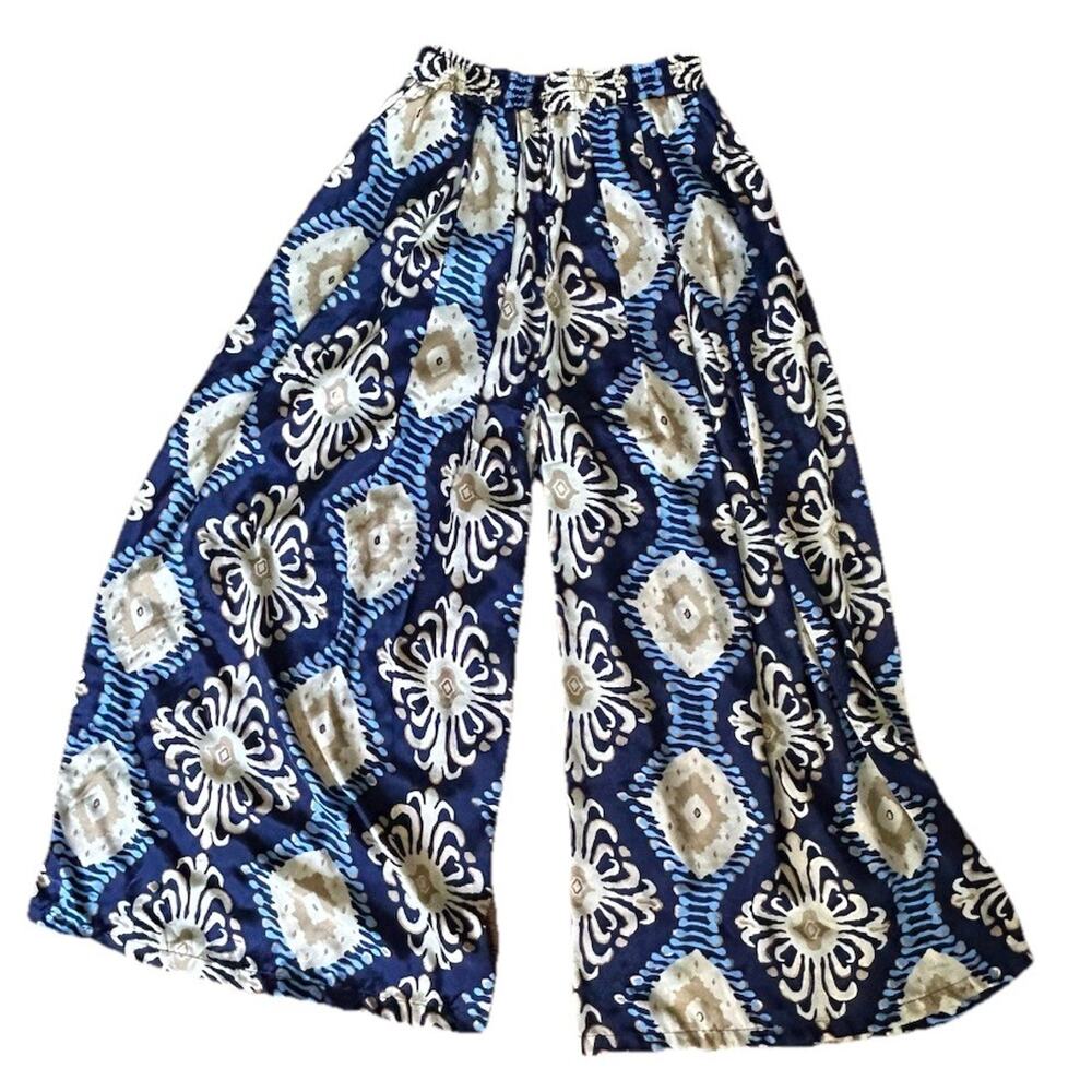 Gold & Silver Paris Wide-Leg Palazzo Pants Womens One Size Blue Gold Lightweight - Picture 8 of 13